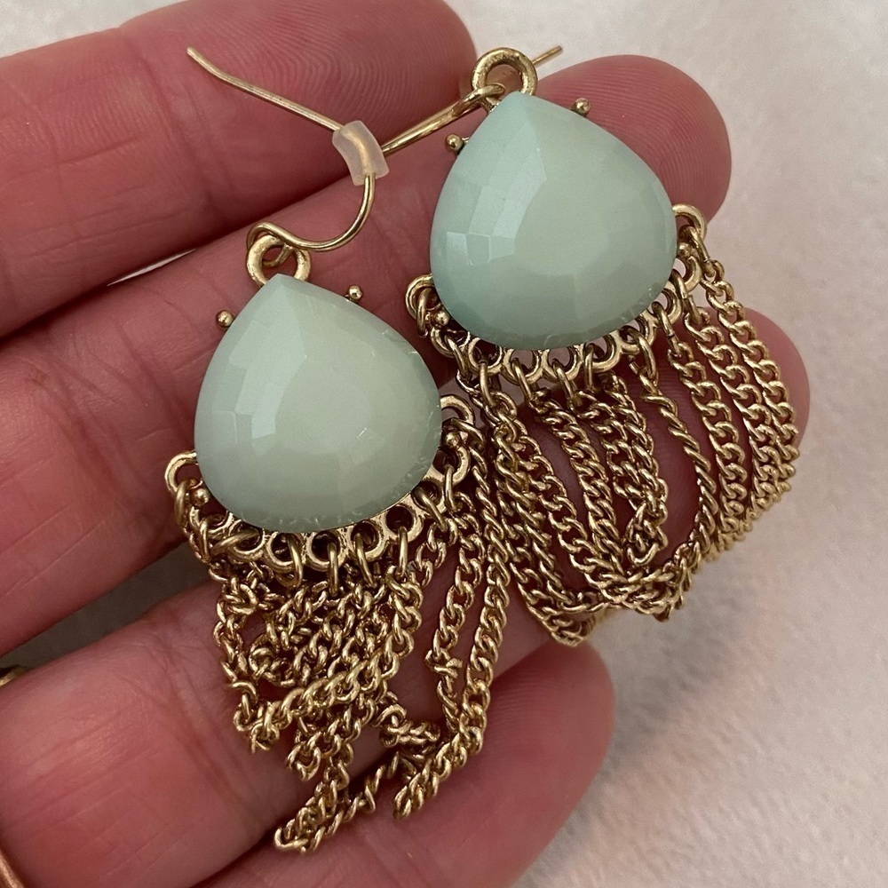 Mint Green Bead Gold Chain Dangle Pair of Earrings